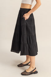 Double Gauze Tiered Midi Skirt with Pockets HYFVE